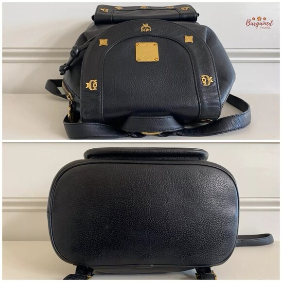 Authentic Vintage MCM Black Leather Studded Logo Motifs Flap Drawstring Backpack main image 4